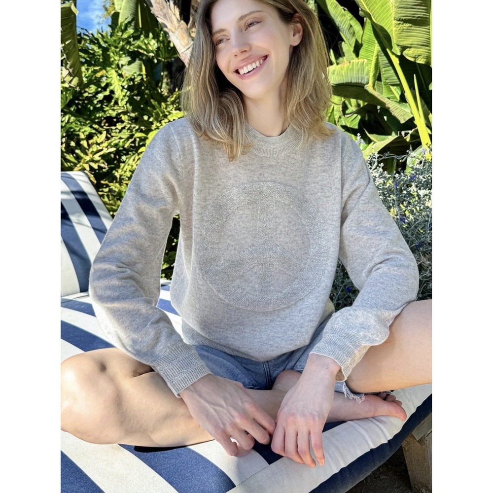 27 Miles Malibu Gray 100% Cashmere Peace Sign Intarsia Crewneck Sweater Large